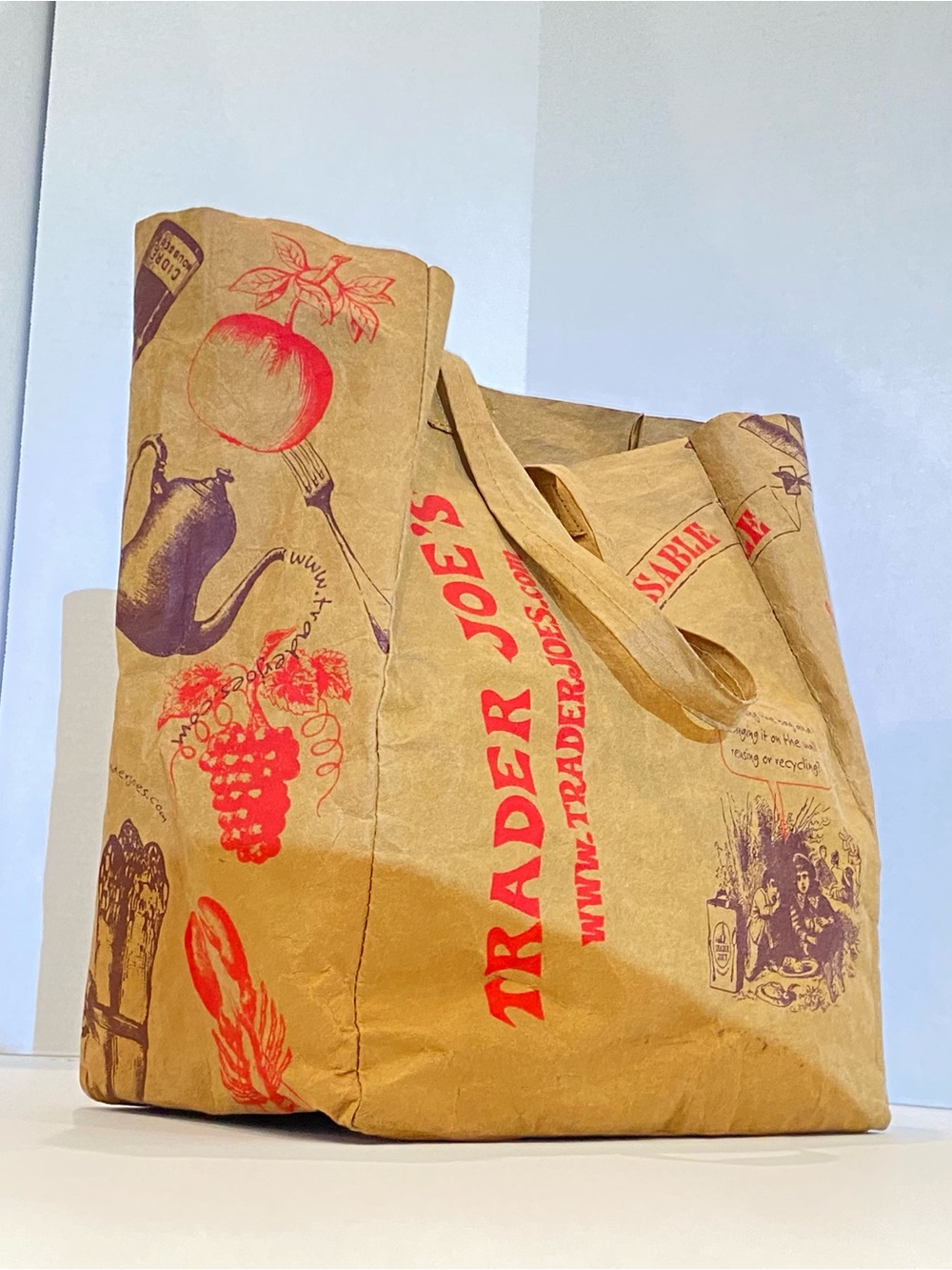 Trader Joe's Brown Paper Tote Bag with Red Print